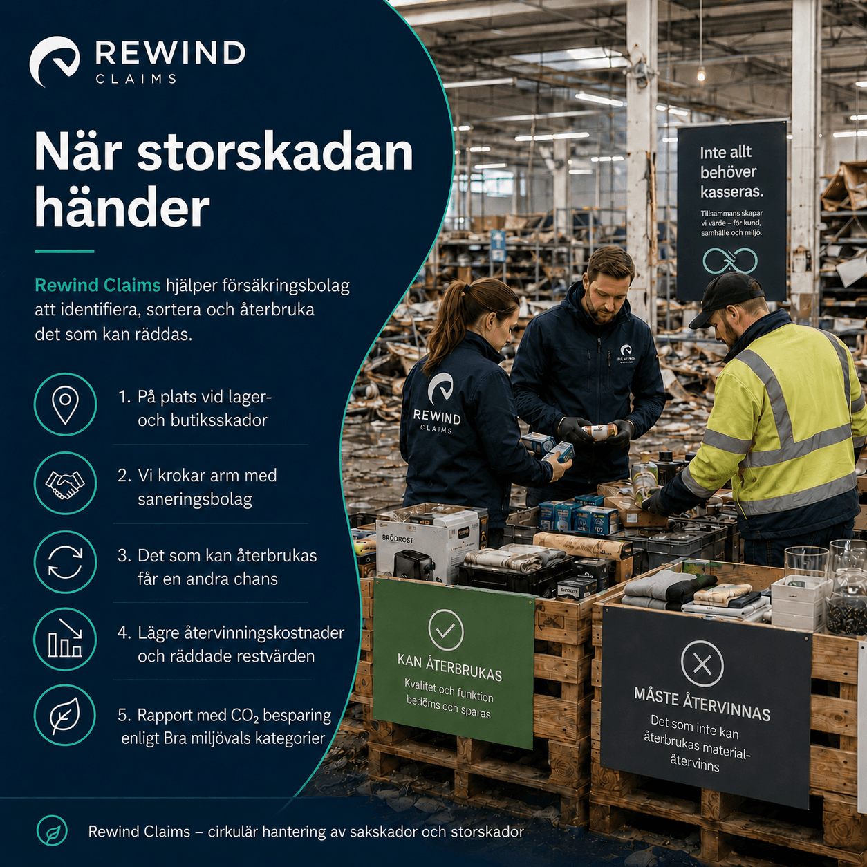 Rewind Claims onepager — När storskadan händer, kan återbrukas vs måste återvinnas