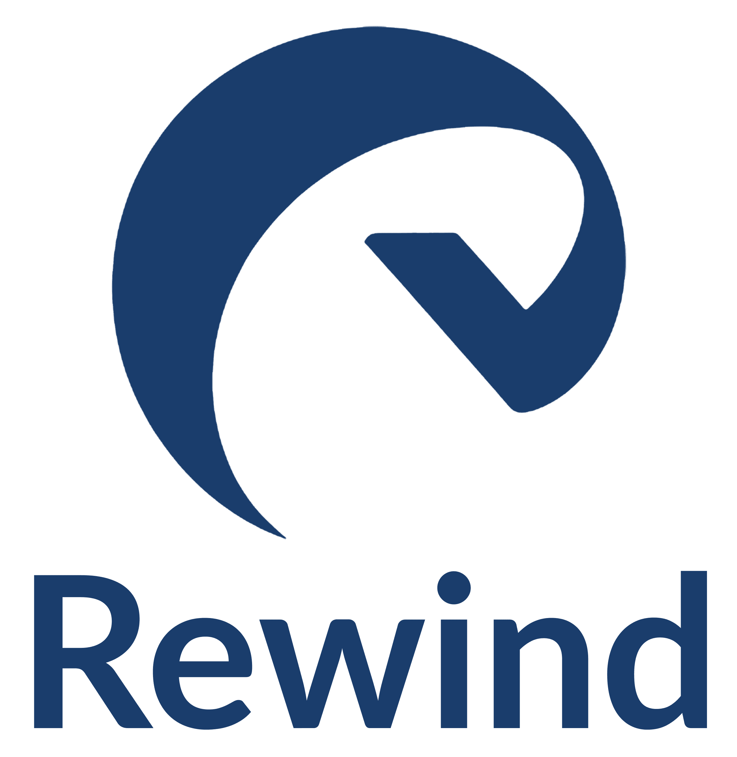 Rewind logotyp — navy på vit bakgrund