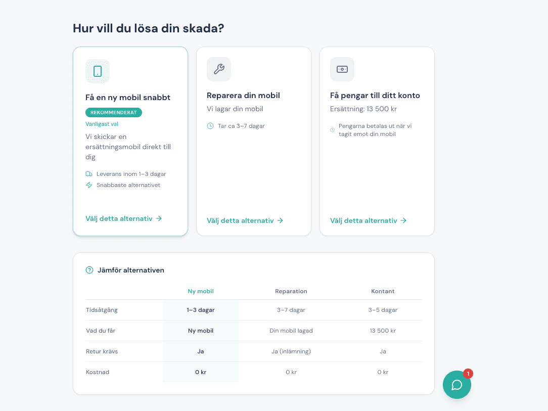 The Rewind Mobile app — the full interface with three resolution paths and comparison table