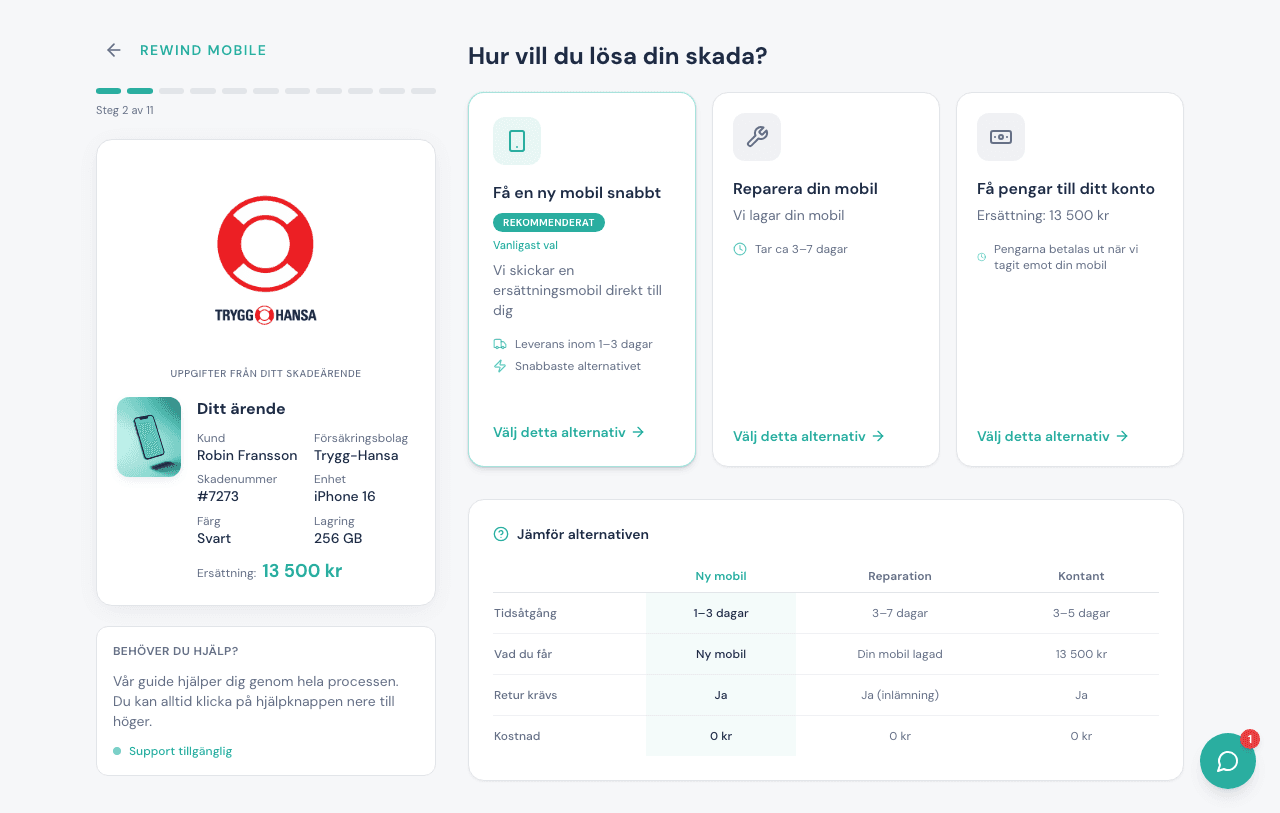 Rewind Mobile-appen — tre lösningsvägar (ny mobil, reparation eller kontant) med jämförelsetabell